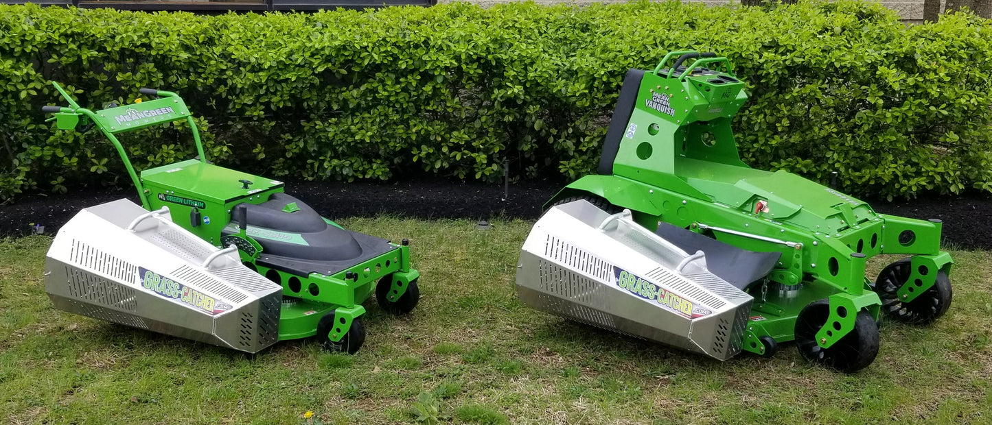 Mean Green electric mowers with aluminum grass catcher. Mean Green Vanquish. Mean Green WBX-33HD. Commercial electric mower with grass catcher. Mean Green mowers with grass catcher.