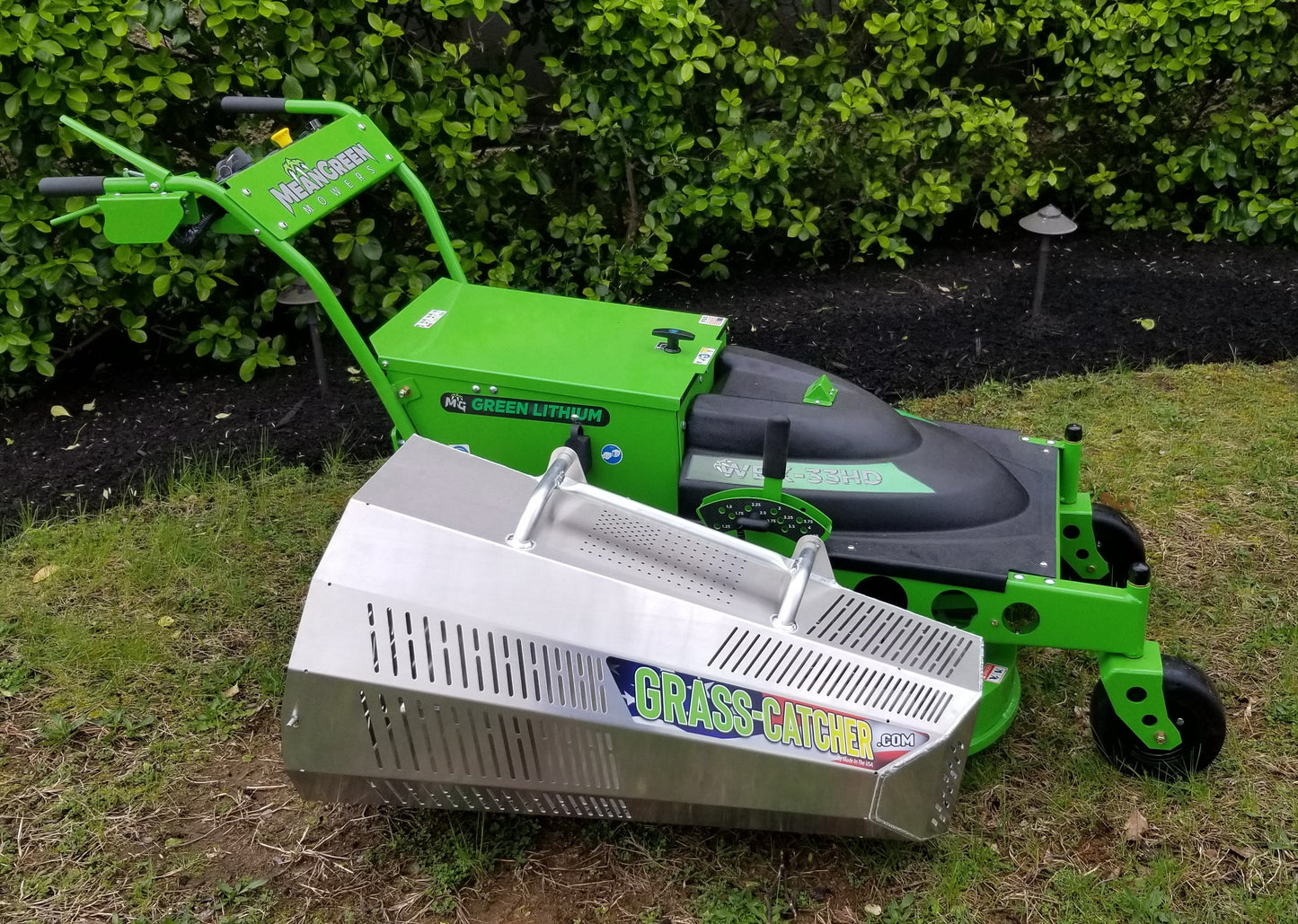 Mean Green electric mowers with aluminum grass catcher. Mean Green Vanquish. Mean Green WBX-33HD. Commercial electric mower with grass catcher. Mean Green mowers with grass catcher.