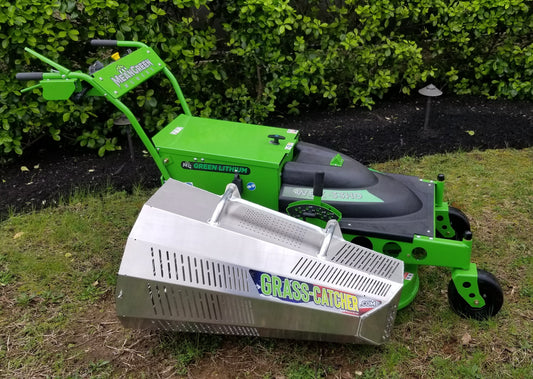 Mean Green electric mowers with aluminum grass catcher. Mean Green Vanquish. Mean Green WBX-33HD. Commercial electric mower with grass catcher. Mean Green mowers with grass catcher.